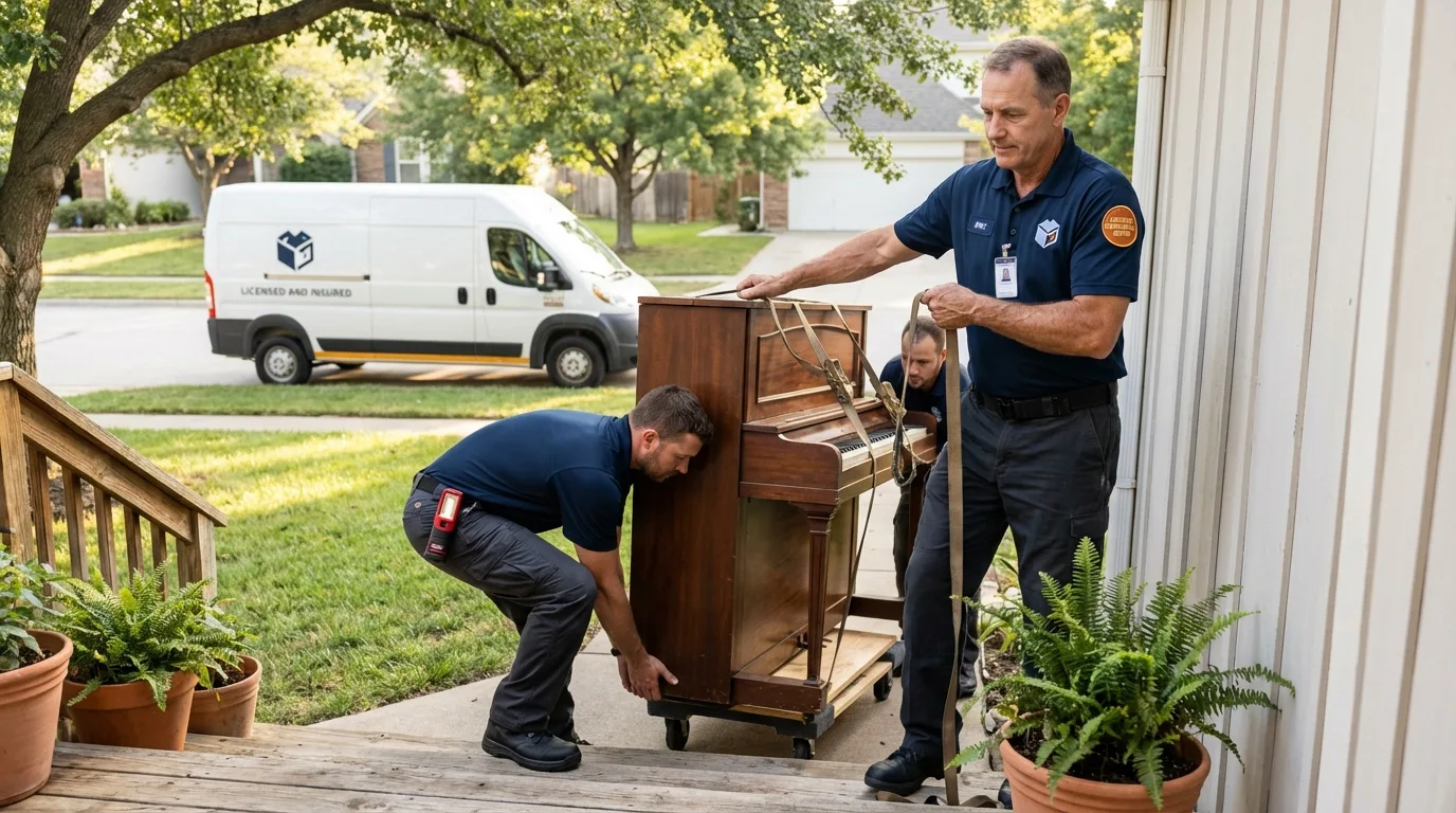 Licensed piano movers securing grand piano in Kenton, TN