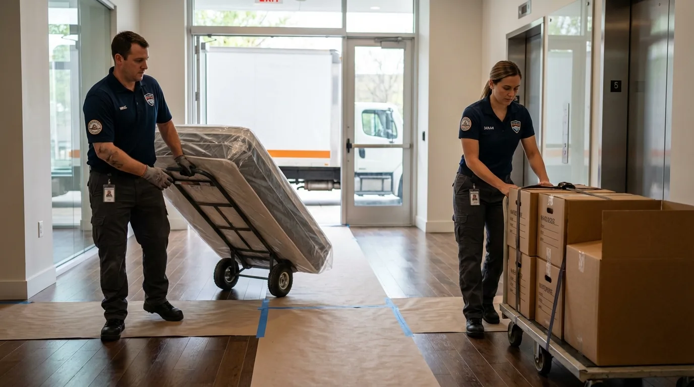 Professional apartment movers loading elevator in Kenton, TN